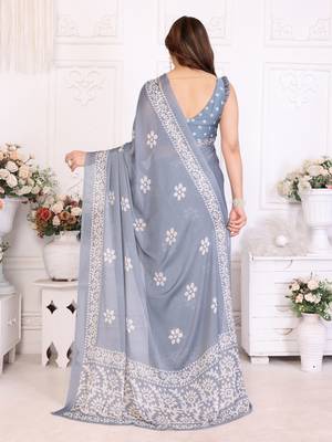 Grey blocked printed hand batik chiffon georgette saree 3