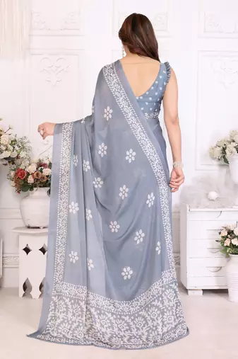 Grey blocked printed hand batik chiffon georgette saree