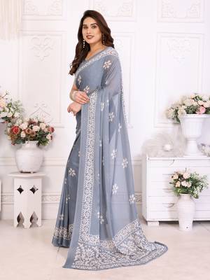 Grey blocked printed hand batik chiffon georgette saree 4