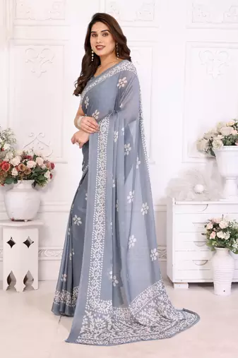 Grey blocked printed hand batik chiffon georgette saree