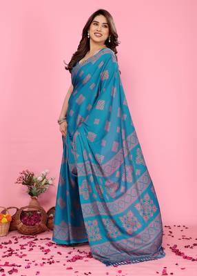 Blue blocked printed daily wear chiffon georgette saree   1