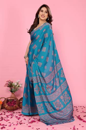 Blue blocked printed daily wear chiffon georgette saree 
