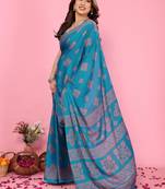 Blue blocked printed daily wear chiffon georgette saree  