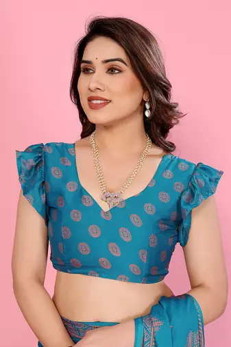 Blue blocked printed daily wear chiffon georgette saree  