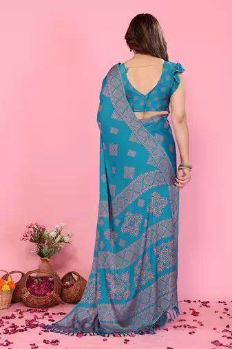 Blue blocked printed daily wear chiffon georgette saree  