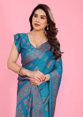 Blue blocked printed daily wear chiffon georgette saree   4