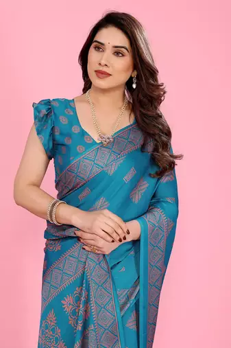 Blue blocked printed daily wear chiffon georgette saree  