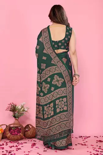 Green blocked printed daily wear chiffon georgette saree  