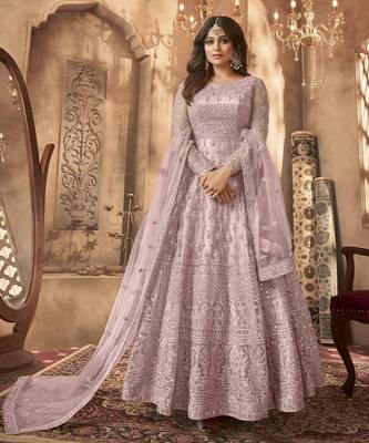 Purple net anarkali embroidered work festival long salwar suit dupatta 1