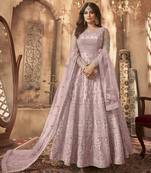 Purple net anarkali embroidered work festival long salwar suit dupatta