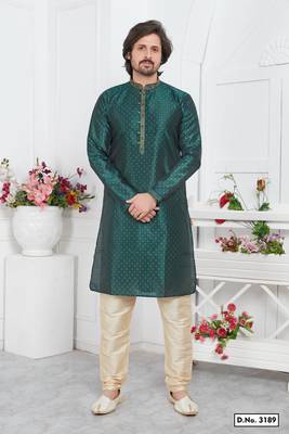 men green jacquard silk brocade straight kurta churidar without lining 1