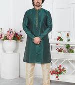 Men green jacquard silk brocade straight kurta without lining