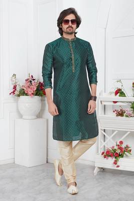 men green jacquard silk brocade straight kurta churidar without lining 2