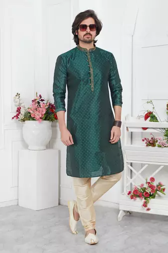 men green jacquard silk brocade straight kurta churidar without lining