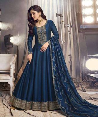 Blue Embroidered Art Silk Semi-Anarkali Suit 1