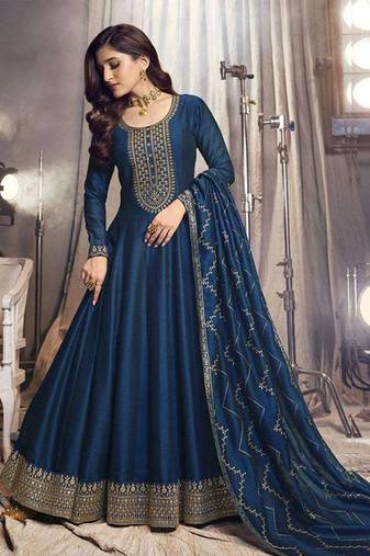 Blue Embroidered Art Silk Semi-Anarkali Suit