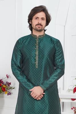 men green jacquard silk brocade straight kurta churidar without lining 3