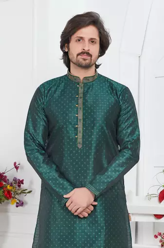 men green jacquard silk brocade straight kurta churidar without lining