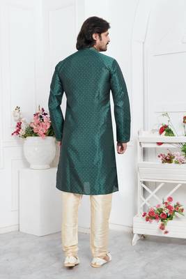 men green jacquard silk brocade straight kurta churidar without lining 4