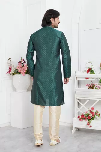 men green jacquard silk brocade straight kurta churidar without lining