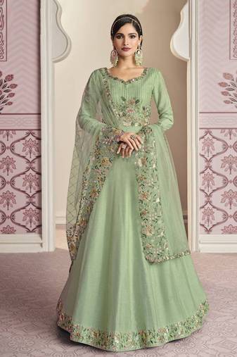 Mint Green Floral Embroidered Designer Anarkali Suit | Semi-Stitched