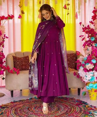 Purple chinon anarkali with bottom & dupatta 1