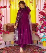Purple chinon anarkali with bottom & dupatta