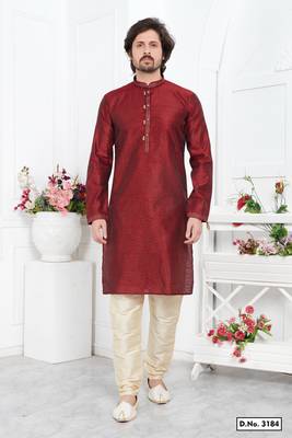 men maroon jacquard silk brocade straight kurta churidar without lining 1