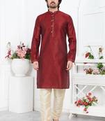 men maroon jacquard silk brocade straight kurta churidar without lining