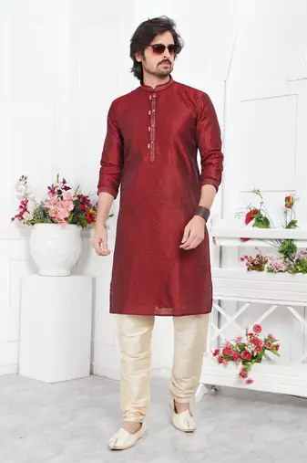 men maroon jacquard silk brocade straight kurta churidar without lining