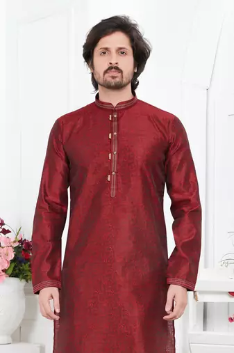 men maroon jacquard silk brocade straight kurta churidar without lining