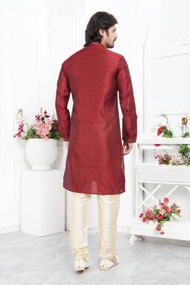 men maroon jacquard silk brocade straight kurta churidar without lining 4