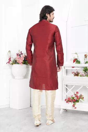 men maroon jacquard silk brocade straight kurta churidar without lining