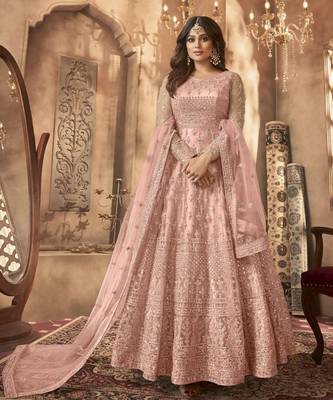 Peach net anarkali embroidered work festival long salwar suit dupatta 1