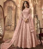 Peach net anarkali embroidered work festival long salwar suit dupatta