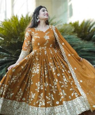 Mustard Georgette and Silk Embroidered Anarkali Salwar Suit 1