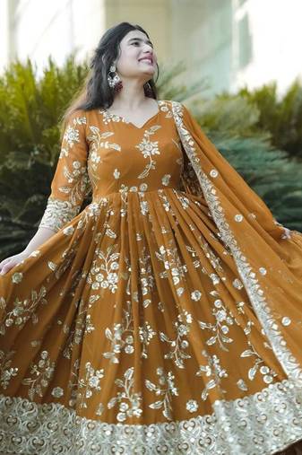 Mustard Georgette and Silk Embroidered Anarkali Salwar Suit