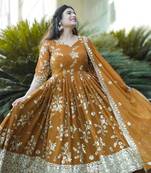 Mustard Georgette and Silk Embroidered Anarkali Salwar Suit