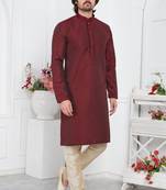 Men wine jacquard silk brocade straight kurta with lining