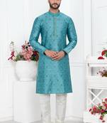 Men blue jacquard silk brocade straight kurta without lining