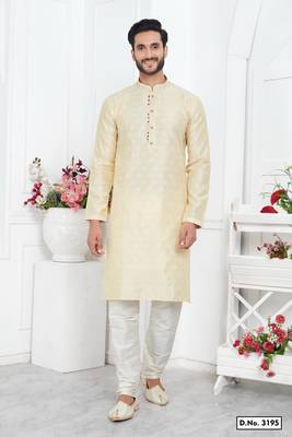 men cream jacquard silk brocade straight kurta churidar with lining 1