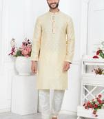 Men cream jacquard silk brocade straight kurta with lining