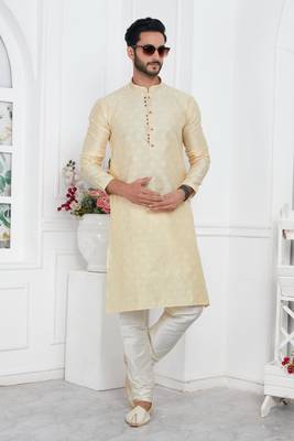 men cream jacquard silk brocade straight kurta churidar with lining 2
