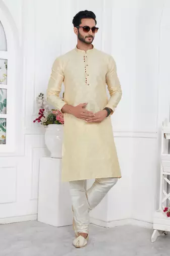 men cream jacquard silk brocade straight kurta churidar with lining