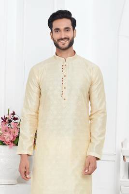 men cream jacquard silk brocade straight kurta churidar with lining 3