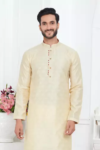 men cream jacquard silk brocade straight kurta churidar with lining