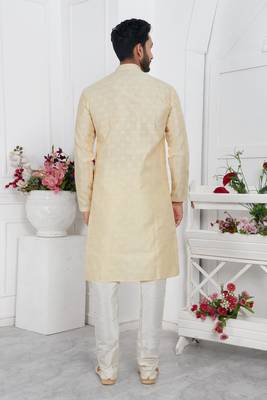 men cream jacquard silk brocade straight kurta churidar with lining 4