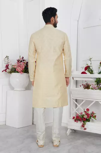 men cream jacquard silk brocade straight kurta churidar with lining