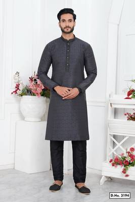 men black jacquard silk brocade straight kurta churidar with lining 1