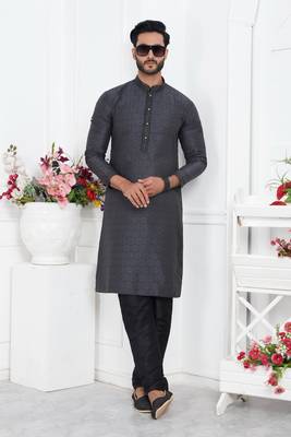 men black jacquard silk brocade straight kurta churidar with lining 2